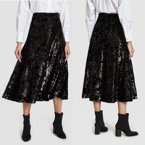 NWT Just Female Pallas Black Sequin Midi Skirt